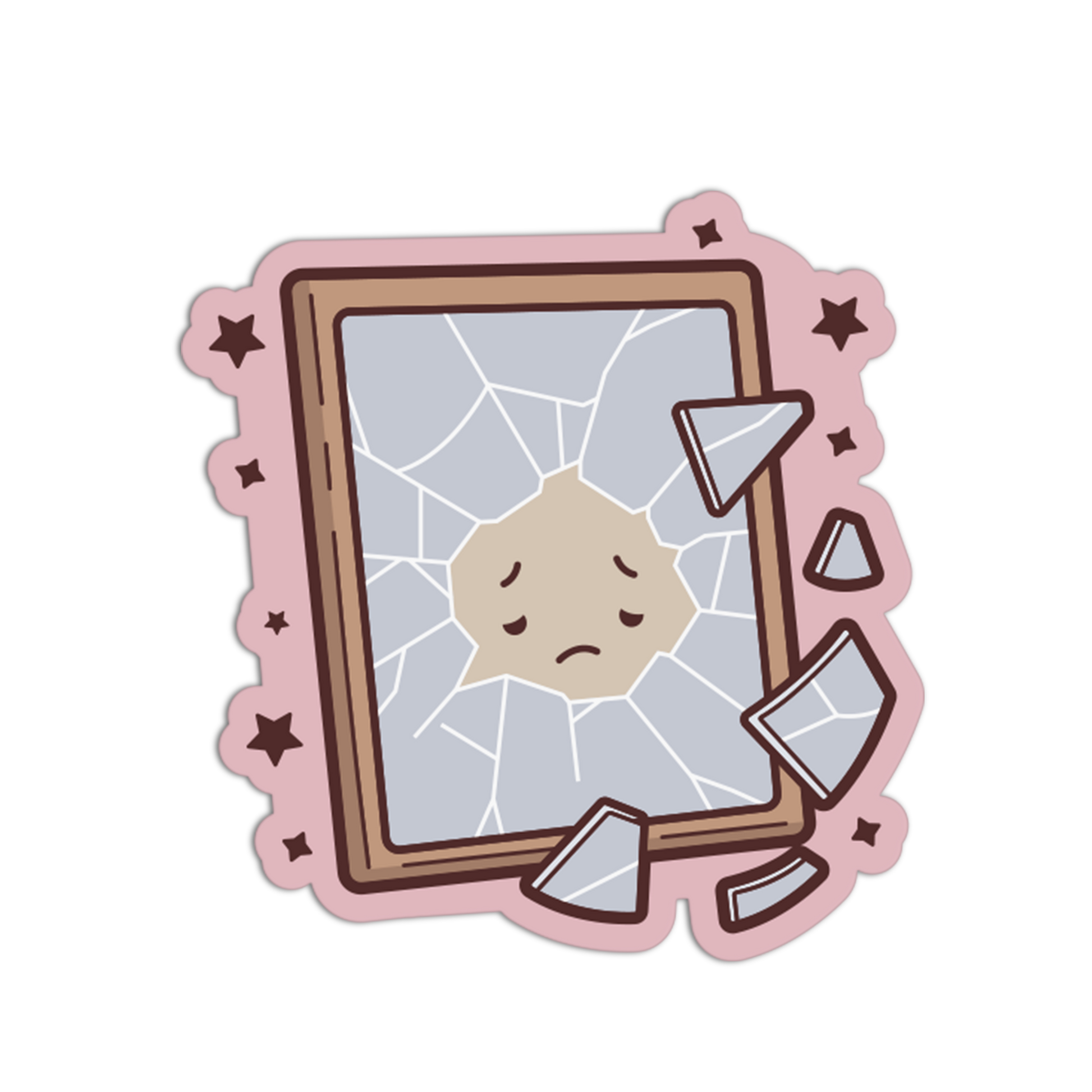 Illustration of a broken mirror with a sad face reflection on a white background
