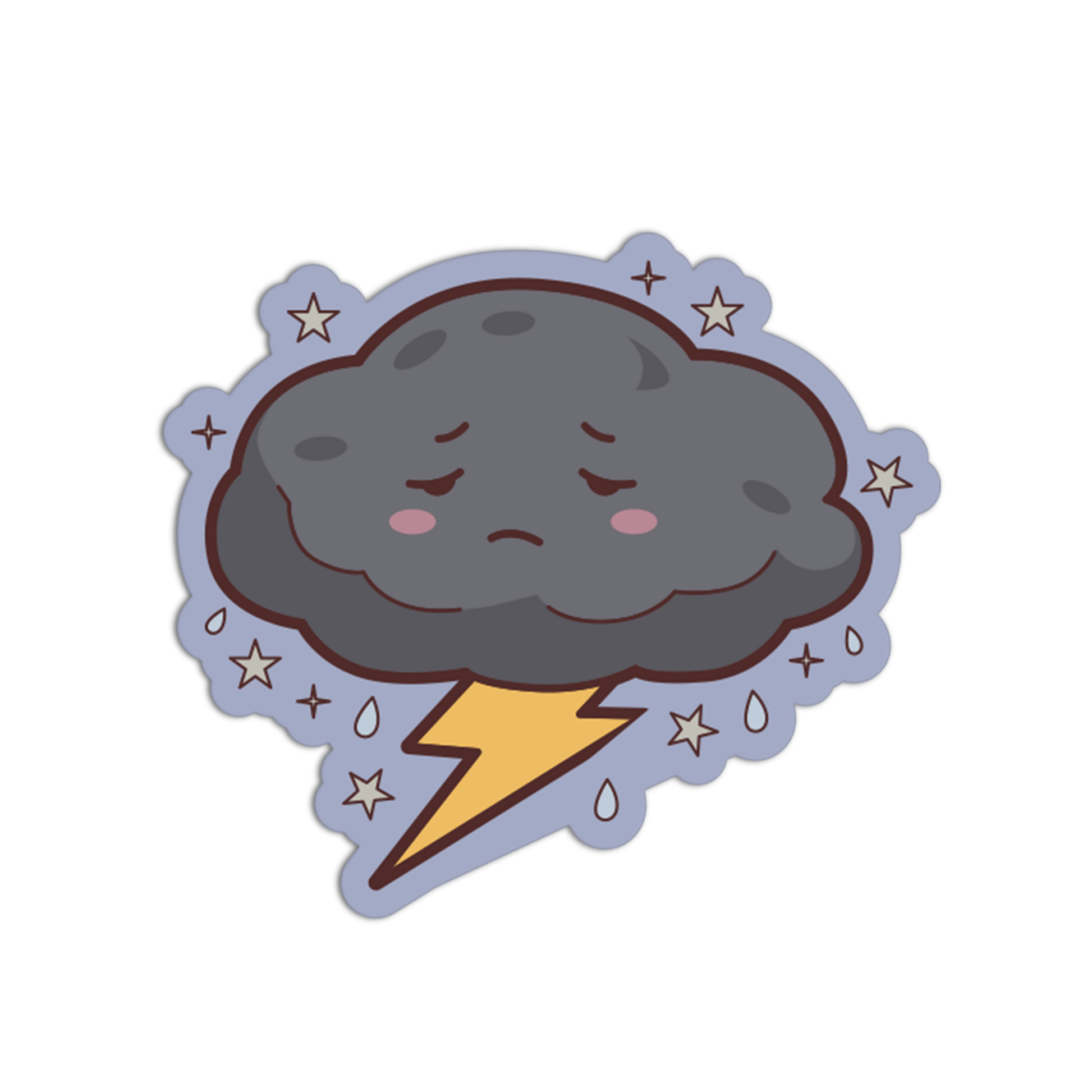 Cartoon cloud with a sad expression and a lightning bolt on a white background