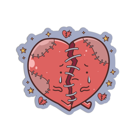 Heart-shaped疮疤贴纸 with stitches and small hearts on a white background