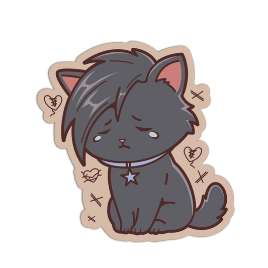 Sticker of a cartoon cat with a grumpy expression on a beige border with decorative elements.