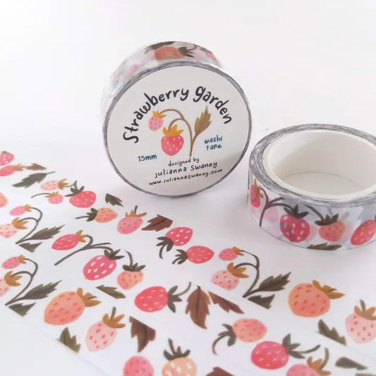 Washi tape with strawberry design and 'Strawberry Garden' text on a white background
