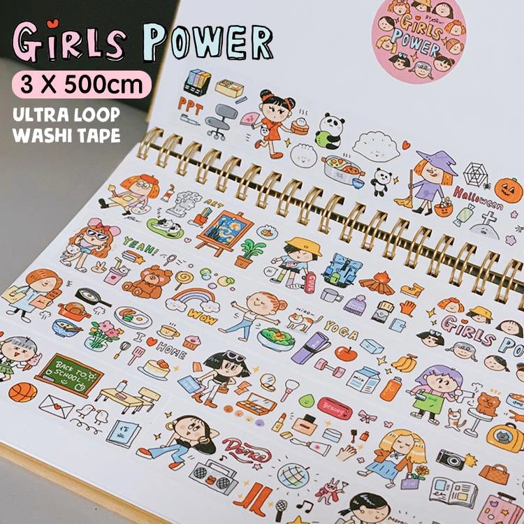 Washi tape with colorful illustrations and 'Girls Power' text on a notebook page.