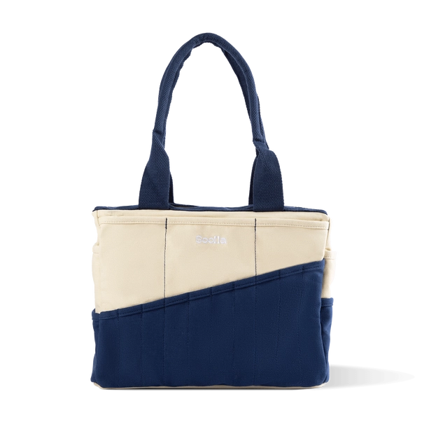 Navy and beige tote bag on a white background