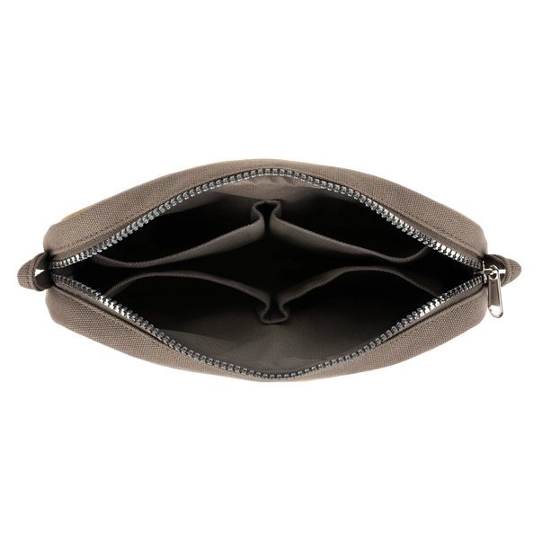 Brown pouch with compartments on a white background