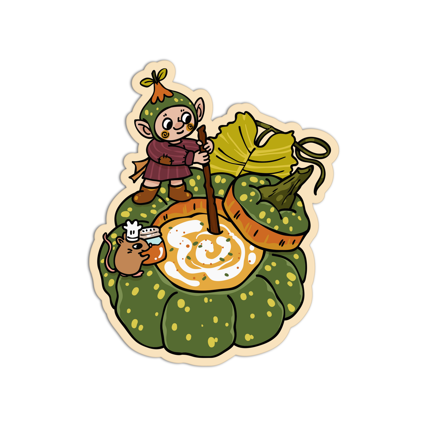 A cartoon-style die-cut sticker featuring a small elf character standing on a green leafy mound and stirring a bowl of white cream with a wooden stick. The sticker has a beige outline and is shown on a plain white background.