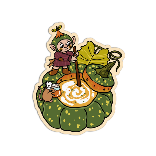 A cartoon-style die-cut sticker featuring a small elf character standing on a green leafy mound and stirring a bowl of white cream with a wooden stick. The sticker has a beige outline and is shown on a plain white background.