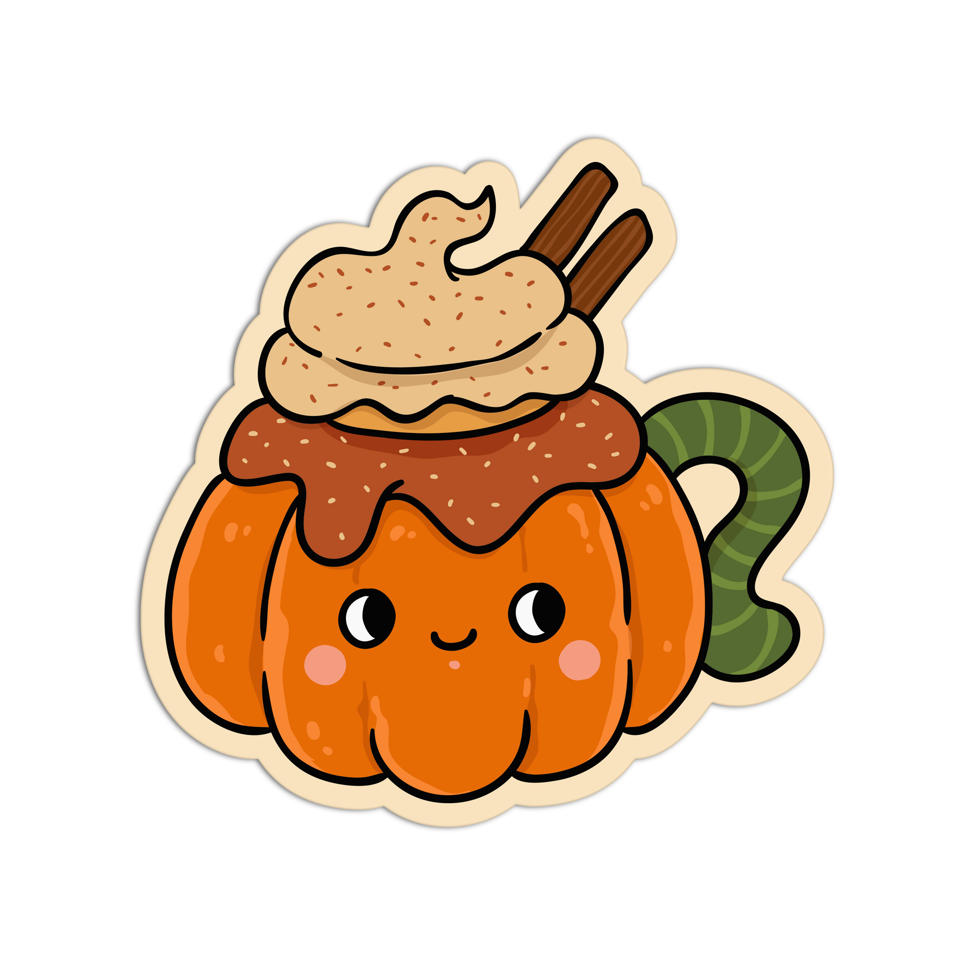 A cute cartoon pumpkin-shaped mug sticker with a smiling face, topped with whipped cream, cinnamon sticks, and a green striped handle, shown on a plain white background.