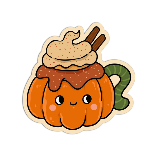A cute cartoon pumpkin-shaped mug sticker with a smiling face, topped with whipped cream, cinnamon sticks, and a green striped handle, shown on a plain white background.