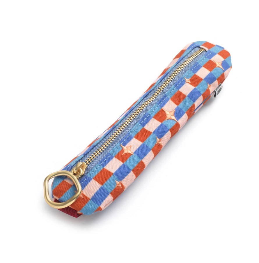Pencil case with red, blue, and white checkered pattern on a white background