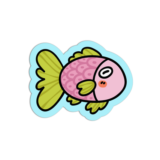 Cartoon fish with pink body and green fins on a black background