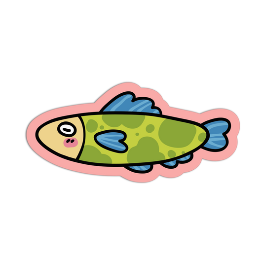 Cartoon fish sticker with a pink border on a white background