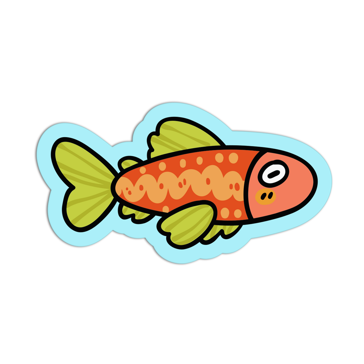 Cartoon fish sticker with a red body and green tail on a white background