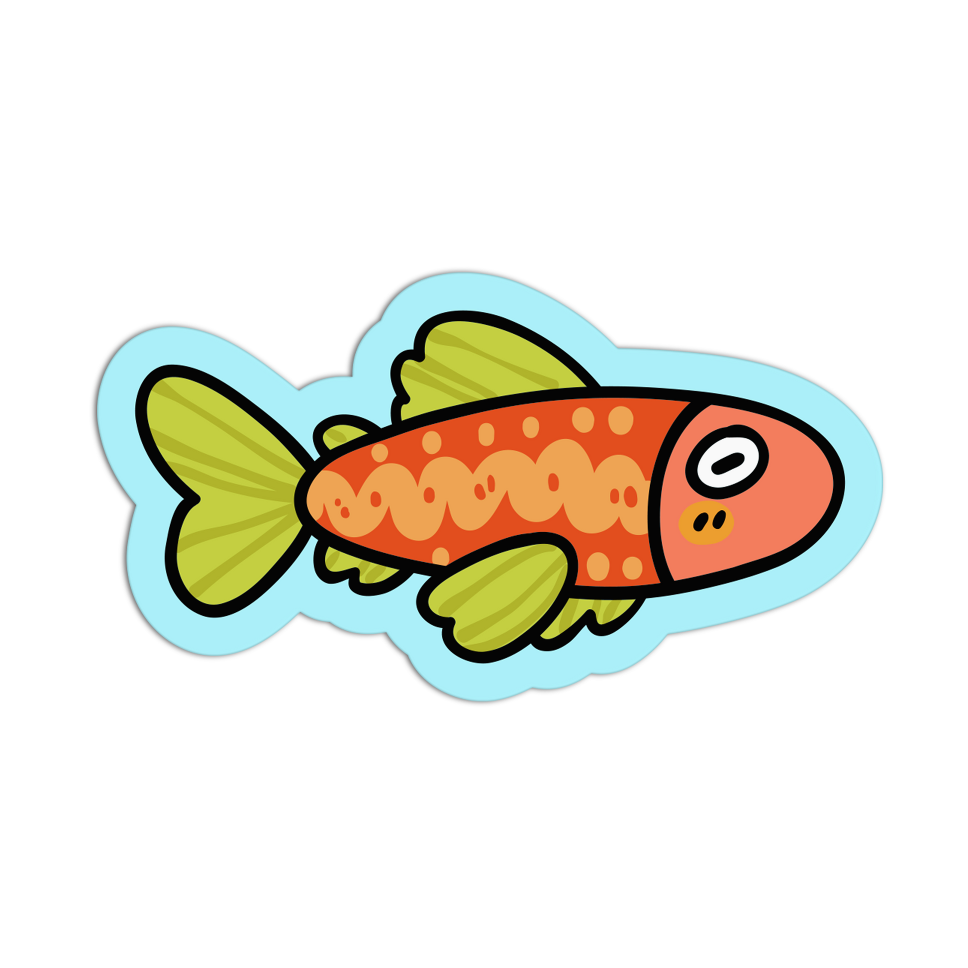 Cartoon fish sticker with a red body and green tail on a white background