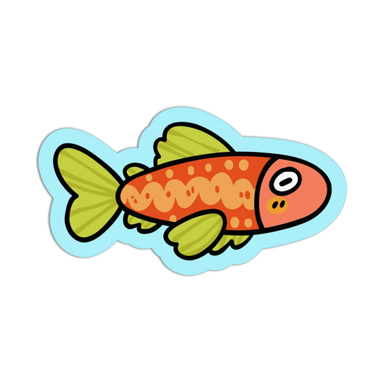 Cartoon fish sticker with a red body and green tail on a white background