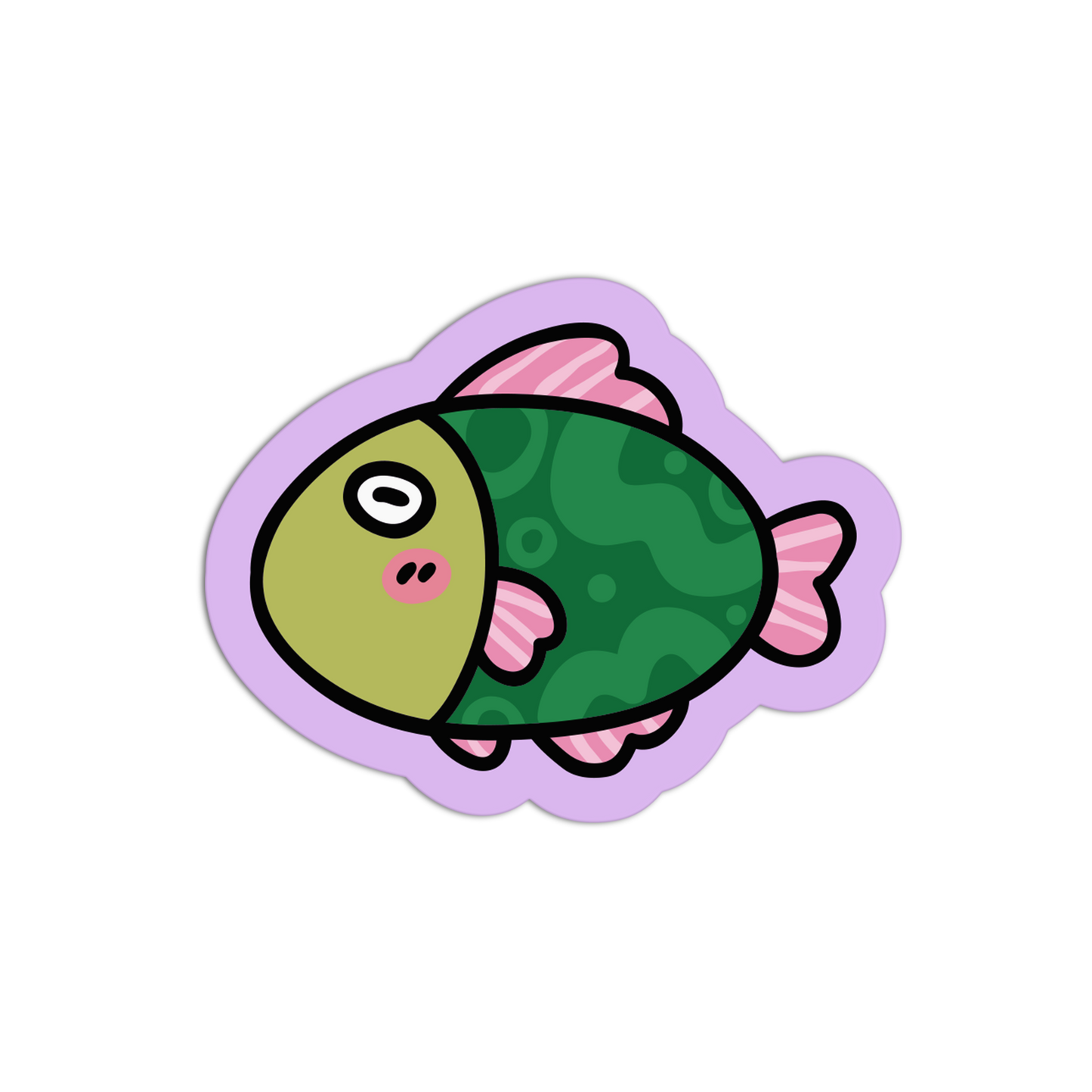 Cartoon fish sticker with a purple border on a white background