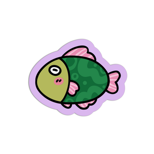 Cartoon fish sticker with a purple border on a white background