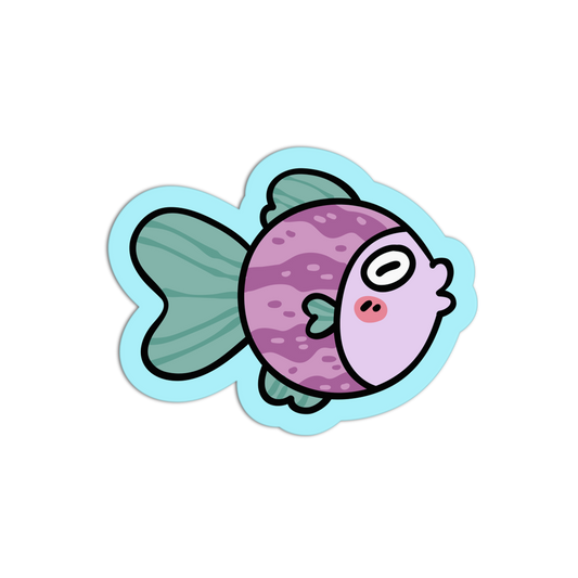 Cartoon fish with a purple body and green fins on a black background