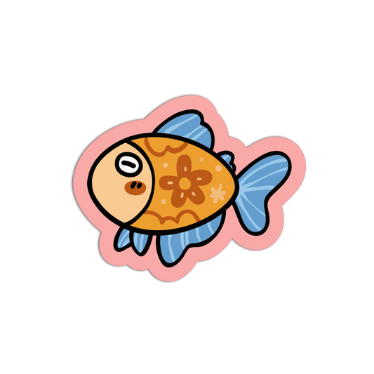 Cartoon fish sticker with a pink border on a white background