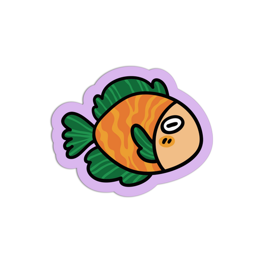 Cartoon fish sticker with green fins and orange body on a white background