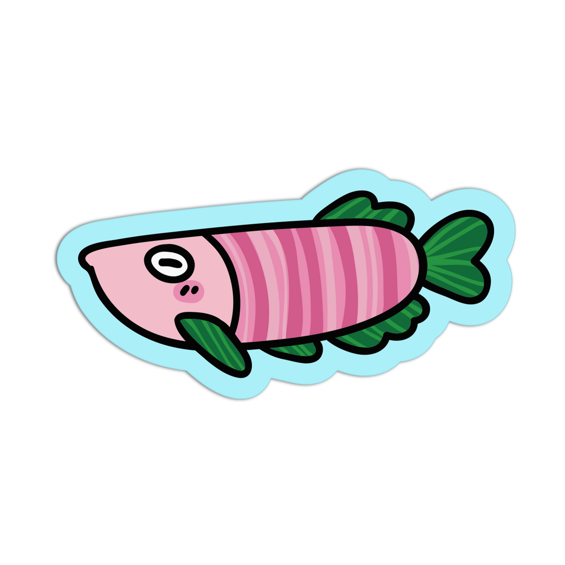 Cartoon fish with pink body and green fins on a black background