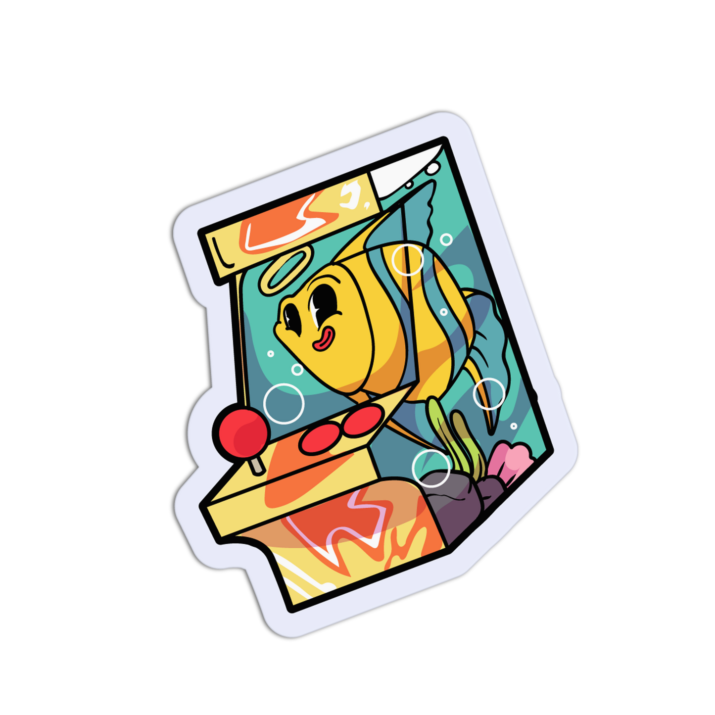 Colorful cartoon character sticker with a fish-like design on a white background