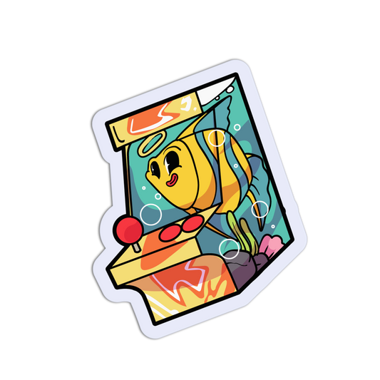 Colorful cartoon character sticker with a fish-like design on a white background