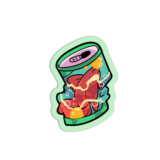 Colorful illustration of a fish inside a can on a white background