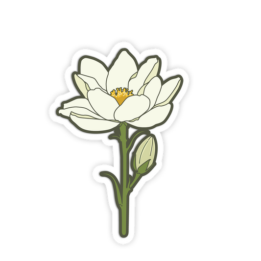 Sticker of a white flower with green leaves on a white background