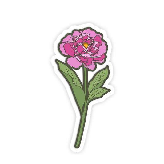 Sticker of a pink flower with green leaves on a white background