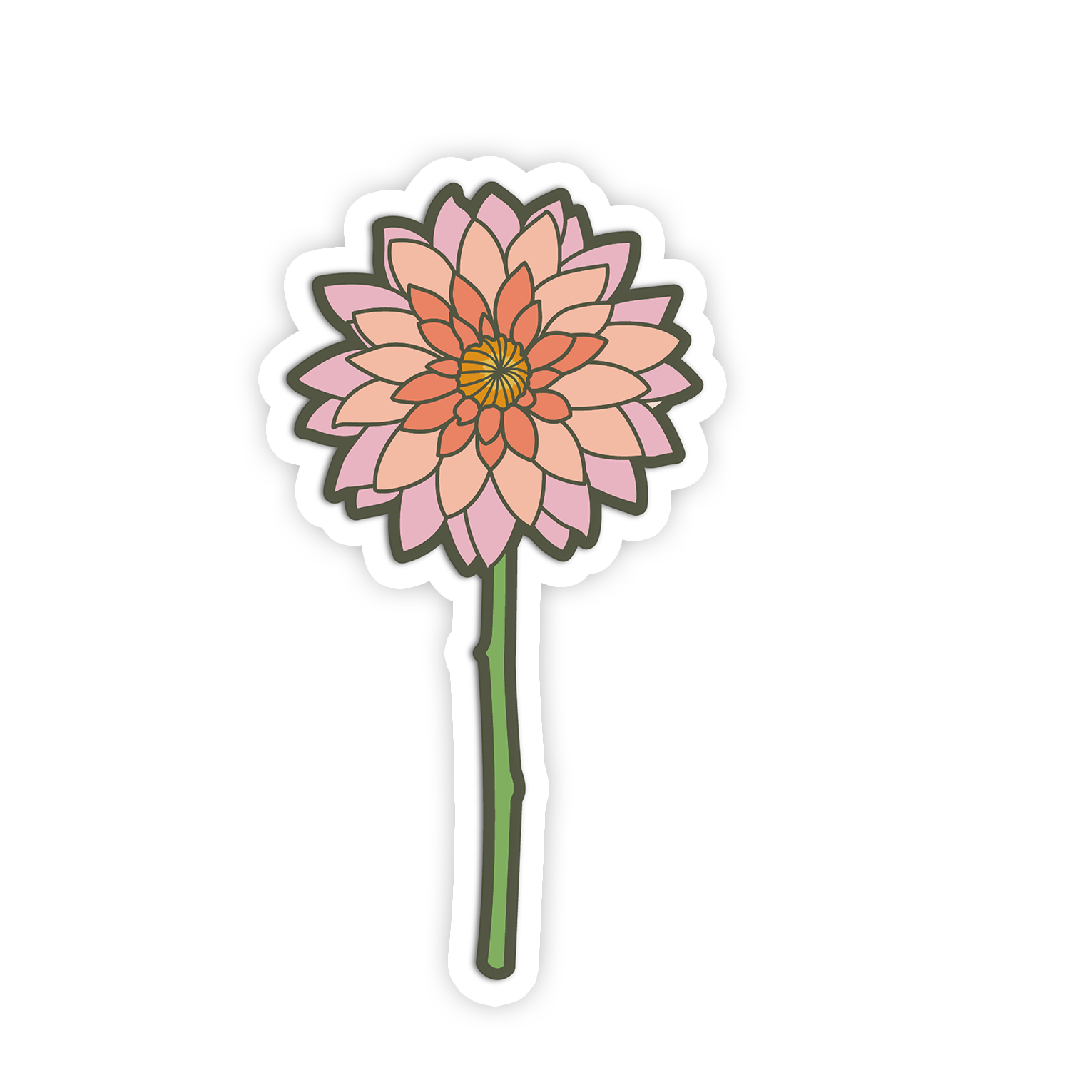 Sticker of a pink flower with a green stem on a white background
