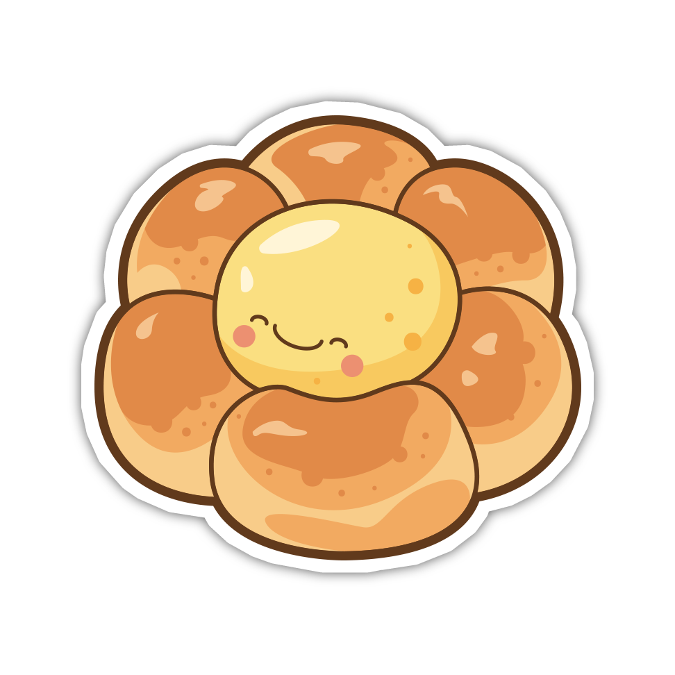 Cartoon-style bread roll with a smiling face on a white background