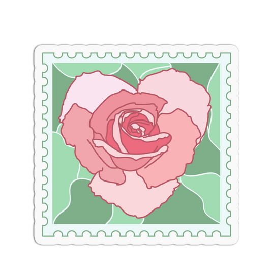 Stylized pink rose on a green background with decorative border