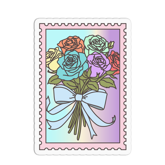 Colorful bouquet of roses with a bow on a pastel background, resembling a postage stamp design.