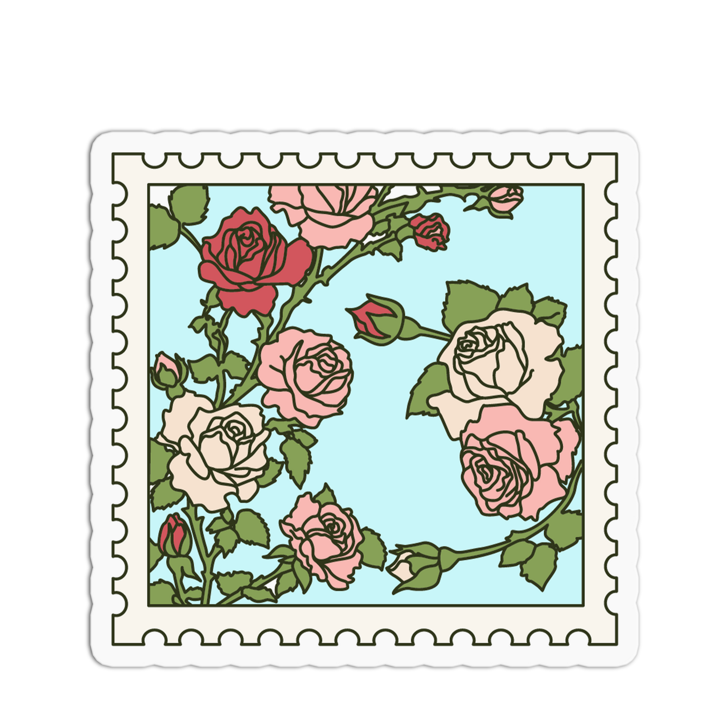 Decorative stamp with colorful roses on a light blue background