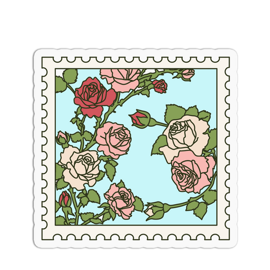 Decorative stamp with colorful roses on a light blue background