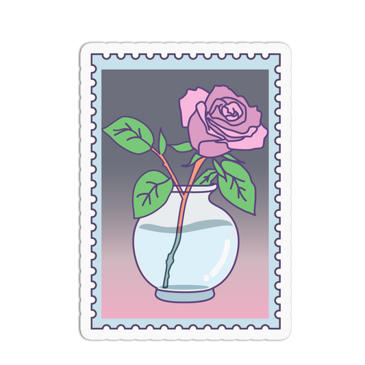 Stylized illustration of a pink rose in a clear vase on a postage stamp border.