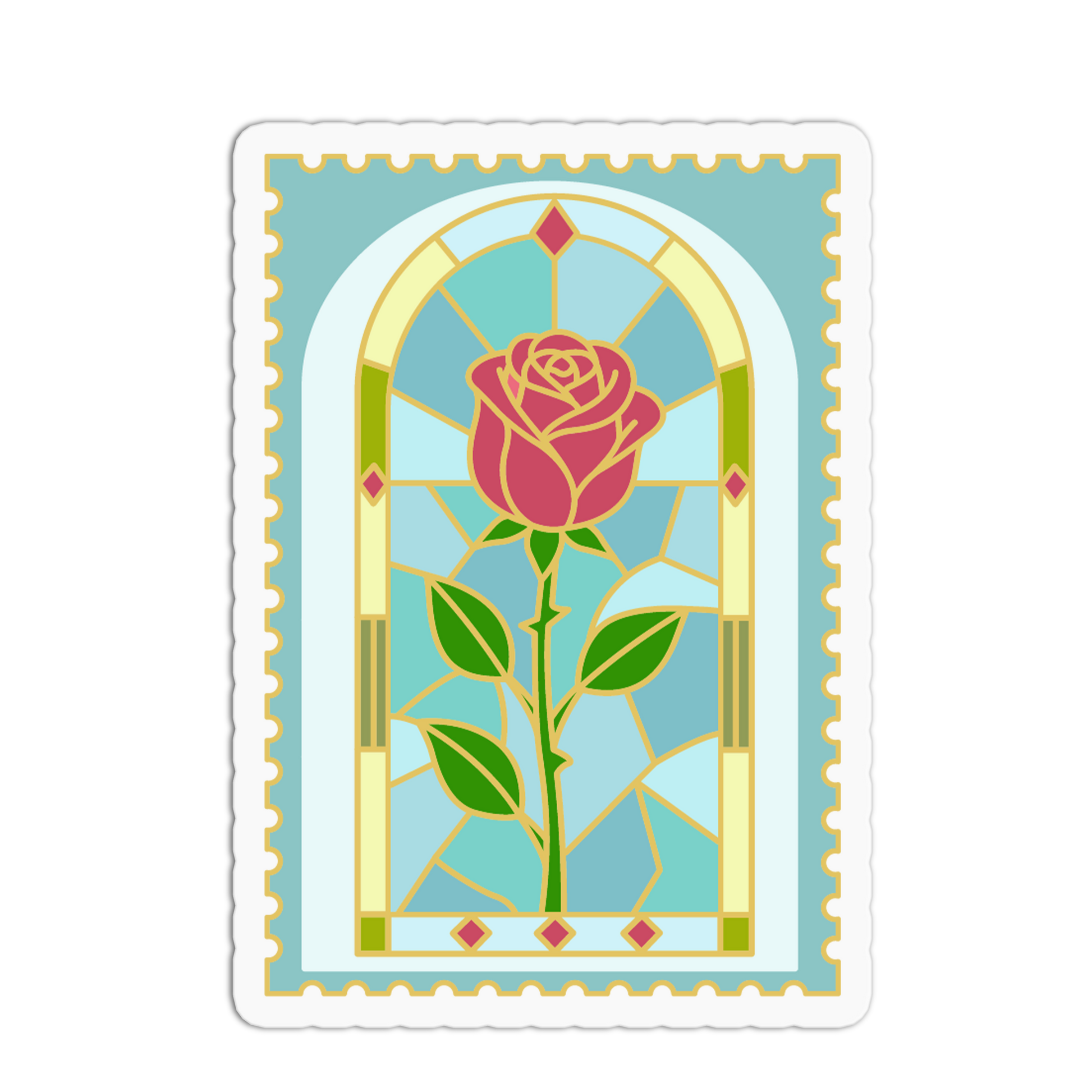 Stylized rose in a stained glass window design on a light blue background