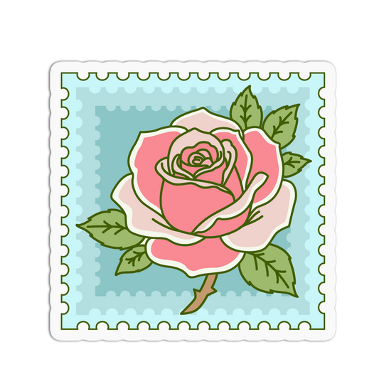 Stylized pink rose with green leaves on a light blue background