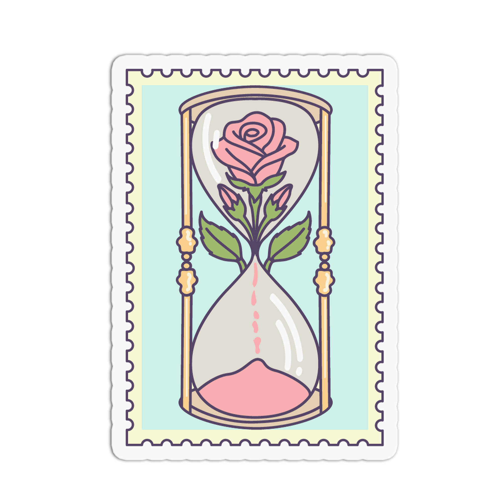 Stylized illustration of an hourglass with a pink rose inside on a light blue background.