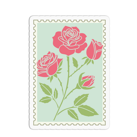 Decorative card with pink roses and green leaves on a light blue background