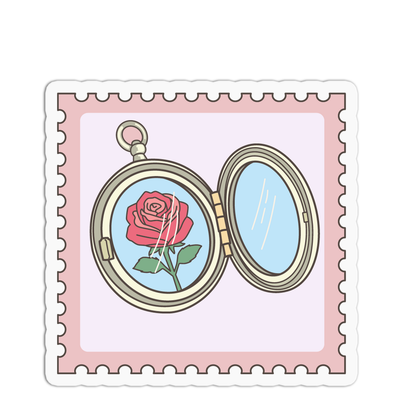 Illustration of a locket with a rose inside on a pink border