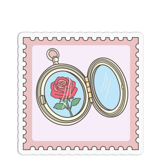 Illustration of a locket with a rose inside on a pink border