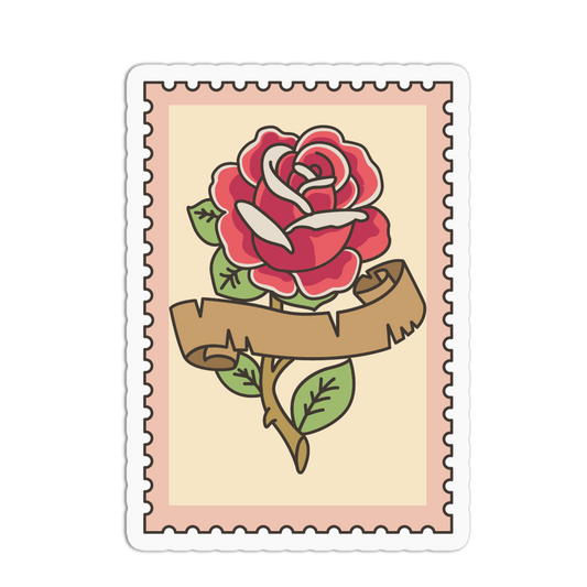 Sticker with a red rose and banner design on a beige background