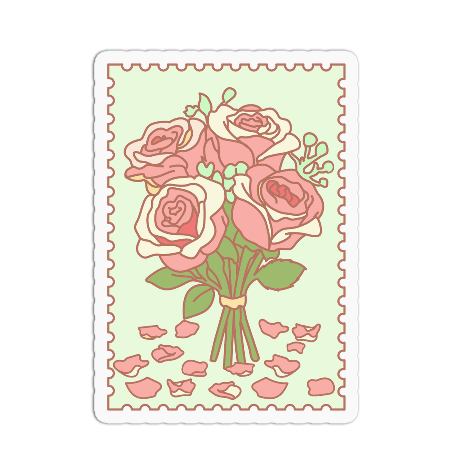 Illustration of a bouquet of pink roses on a light green background with a decorative border.
