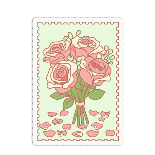 Illustration of a bouquet of pink roses on a light green background with a decorative border.
