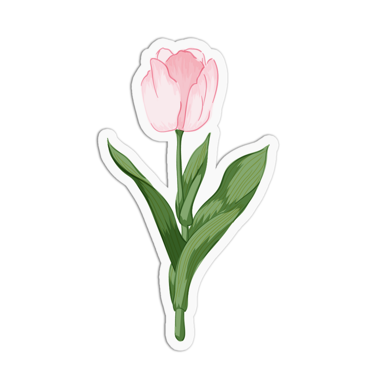A die-cut sticker featuring a single pink tulip with green leaves and stem, shown on a plain white background.