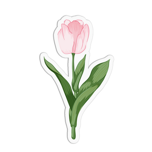 A die-cut sticker featuring a single pink tulip with green leaves and stem, shown on a plain white background.