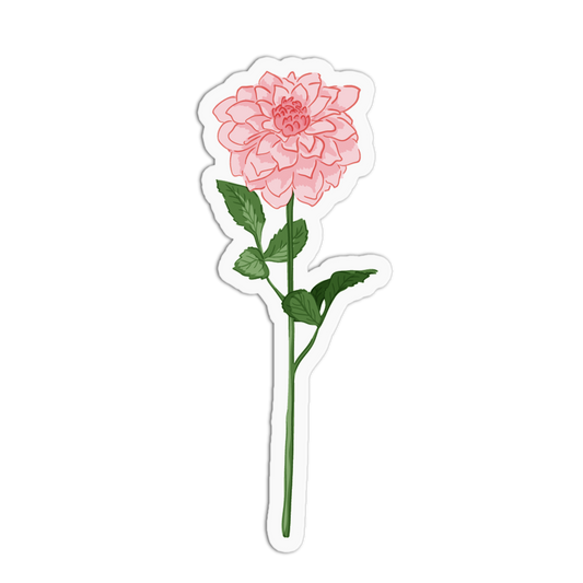 A sticker of a fully petaled pink dahlia flower on a tall green stem with leaves, set against a white background with a die-cut border.