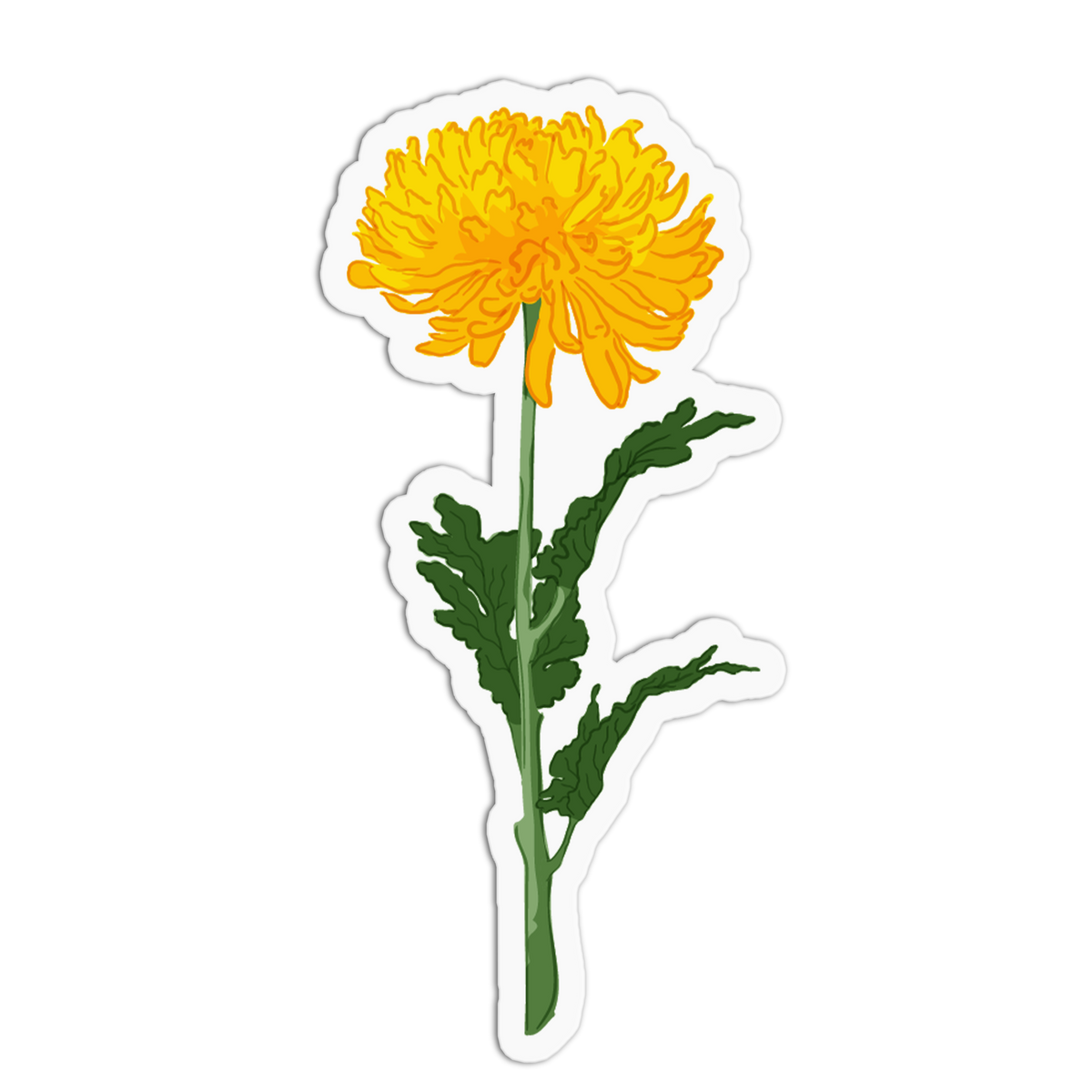 A sticker depicting a dense, ruffled yellow chrysanthemum blossom on a thick green stem with jagged leaves, set against a white background with a die-cut border.