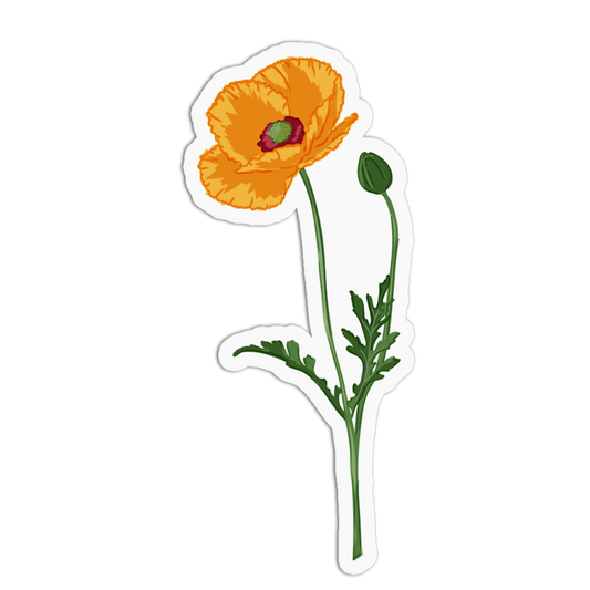 A sticker showing an open orange poppy bloom with a dark center alongside an unopened green bud on a slender stem, set against a white background with a die-cut border.